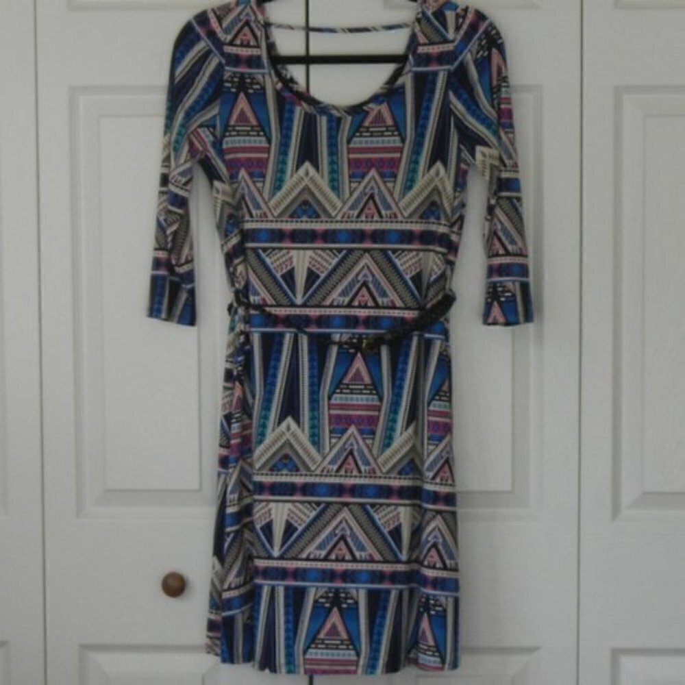NEW PinkBlush Maternity Navy Tribal Belted Dress - Picture 6 of 15